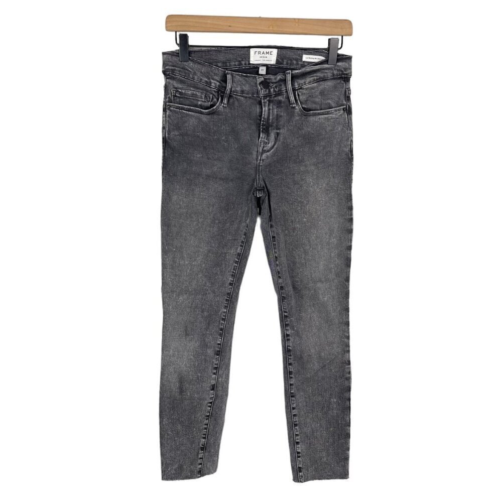Frame Le Skinny De Jeanne 27 Mid Rise Raw Hem Stretch Jean Bennington Black
